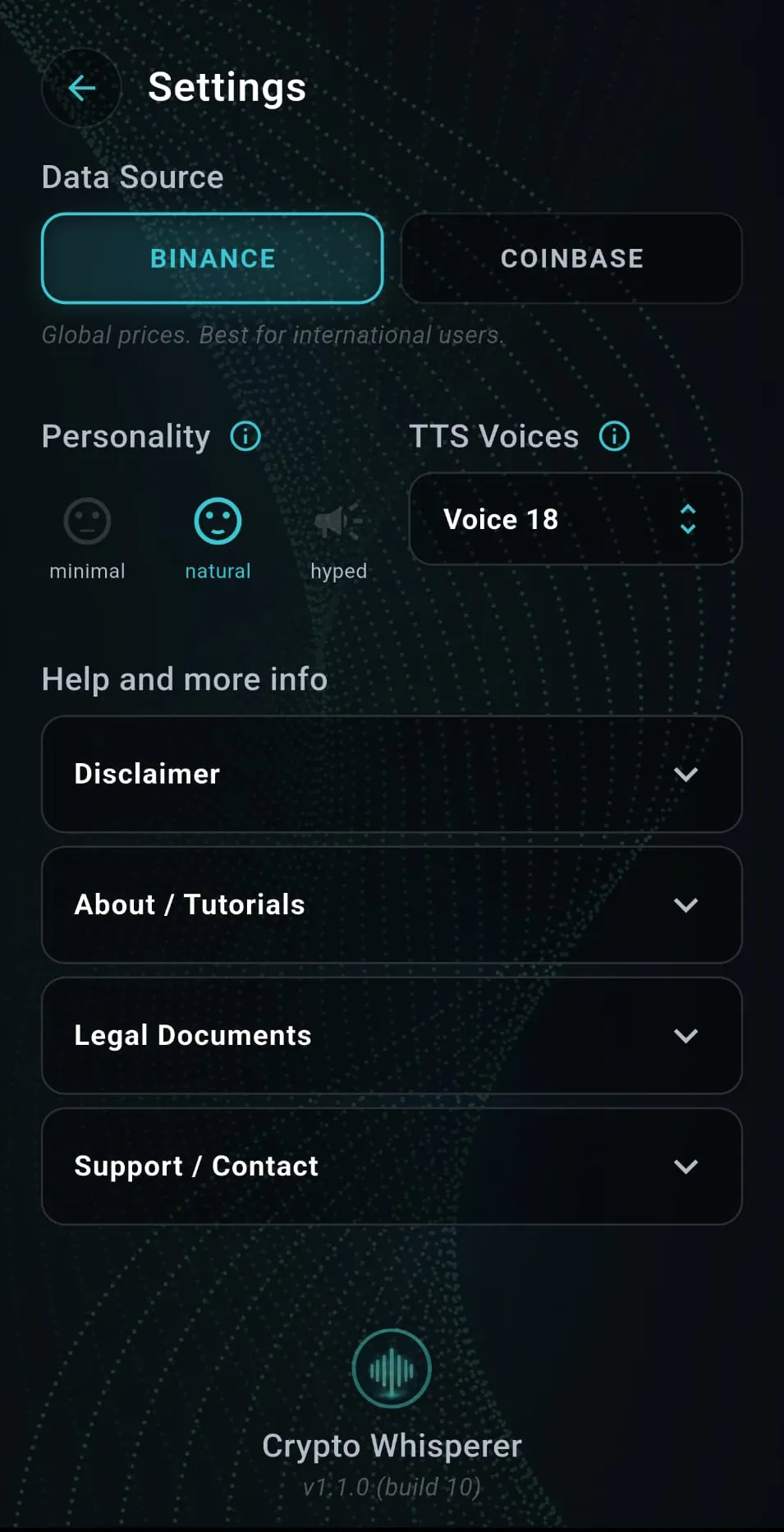 Crypto Whisperer settings screen